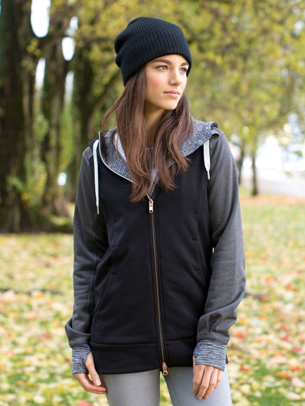 LULULEMON ATHLETICA Black & Heathered Coal Stretch It Out Hoodie Rose Gold Zip